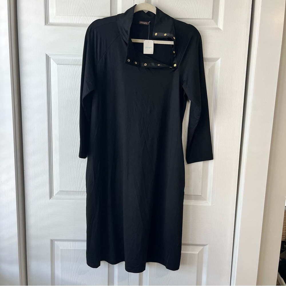 J. McLaughlin Snap Neck 3/4 Sleeve Solid Black Nylon Christabel Dress NWT Size M